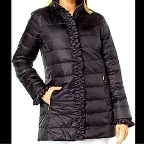 Lilly Pulitzer black ruffle Doria, puffer coat, 8 - Picture 1 of 6